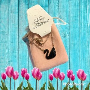 Stinless Steel Rose Colored Black Crystal Swan